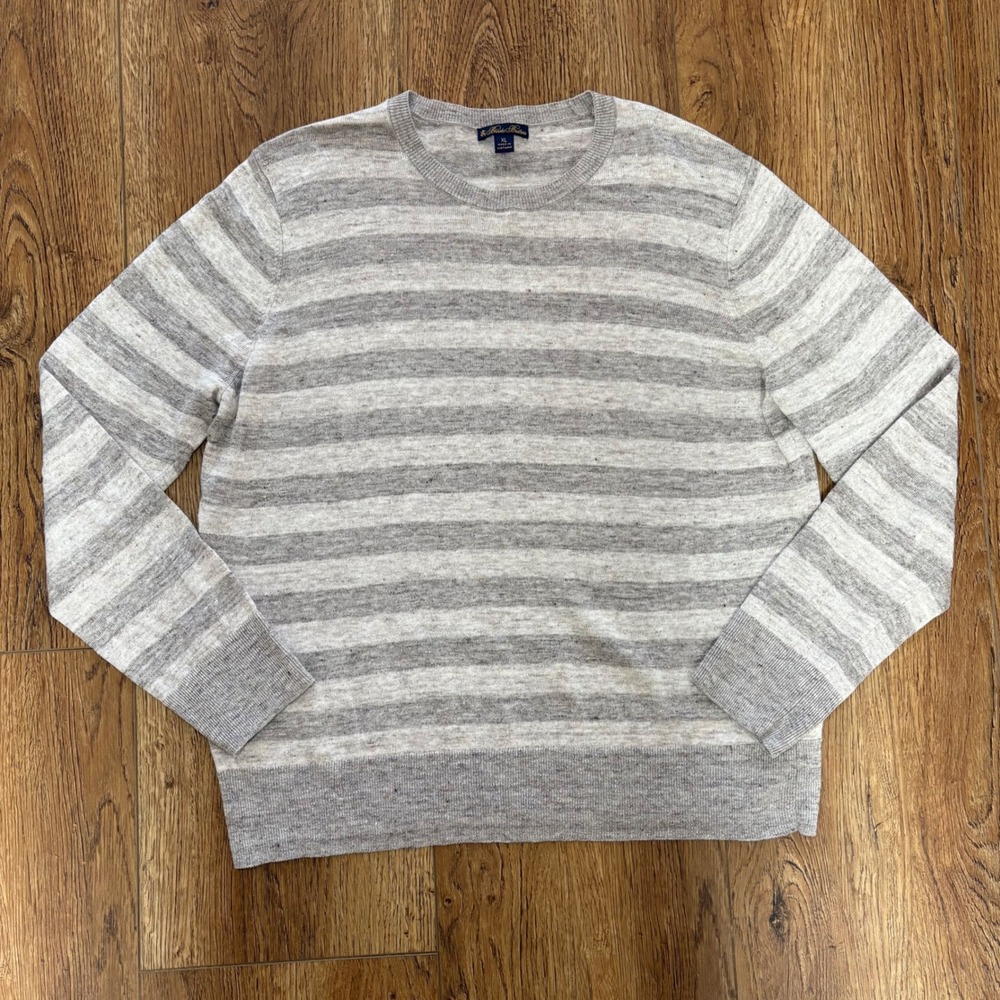 Brooks Brothers Womens XL 100% Linen Striped Crewneck Sweater Top Gray Knit cozy